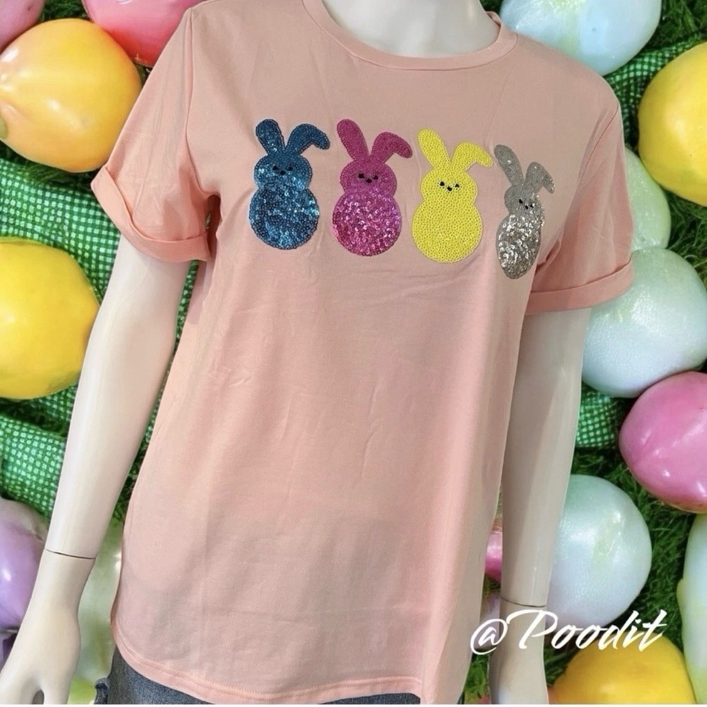 Sequin bunny peach soft loose fit Easter holiday tee S M L XL - Picture 3 of 5